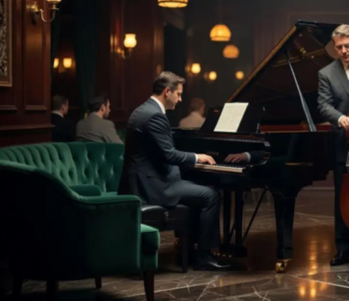 Élő lounge jazz zenész elegáns enteriőrben, hangulatos esti fényekkel
