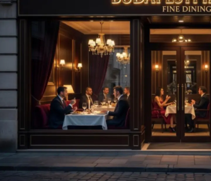Cinematic esti hangulat elegáns budapesti étteremben luxus megterített asztalokkal