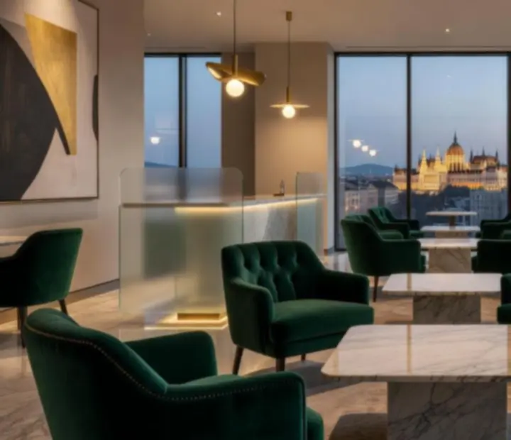 Luxus lounge enteriőr Budapesten, kényelmes fotelekkel és hangulatos megvilágítással