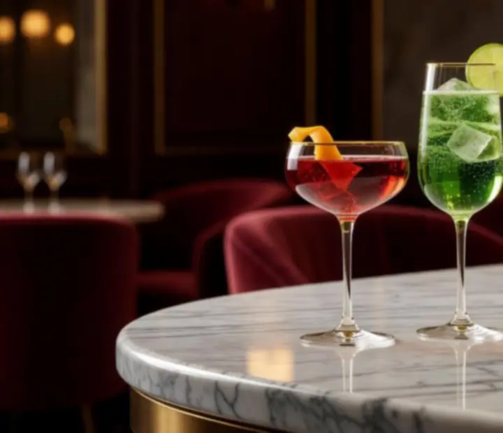 Prémium koktélok elegáns poharakban egy budapesti lounge bárpultján