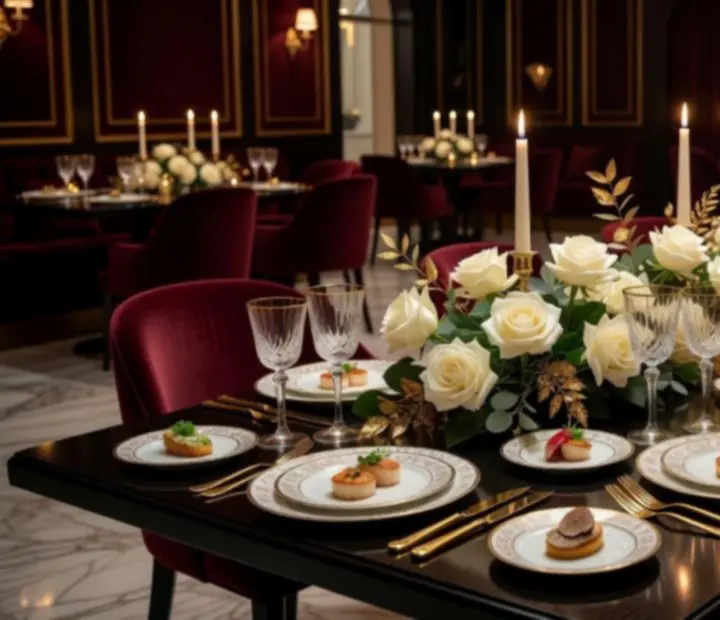 Esküvői vacsora elegáns, gyertyafényes teremben, fine dining terítéssel